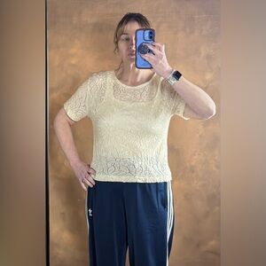 Cream Lace Short-Sleeve Scoop-Neck Women's Blouse